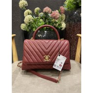 FLAP BAG WITH TOP HANDLE Chevrons Pattern Grained Calfskin Gold Metal Burgundy High