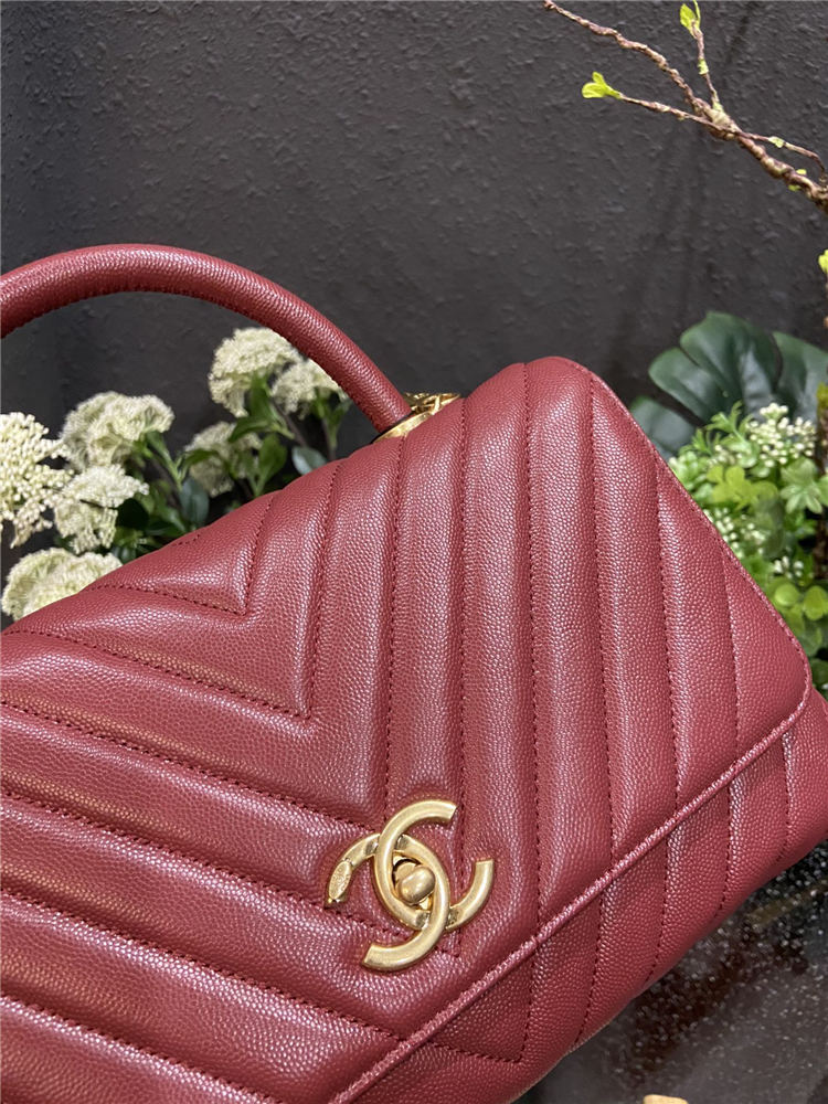 FLAP BAG WITH TOP HANDLE Chevrons Pattern Grained Calfskin Burgundy Gold Metal High