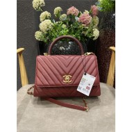 FLAP BAG WITH TOP HANDLE Chevrons Pattern Grained Calfskin Gold Metal Burgundy High