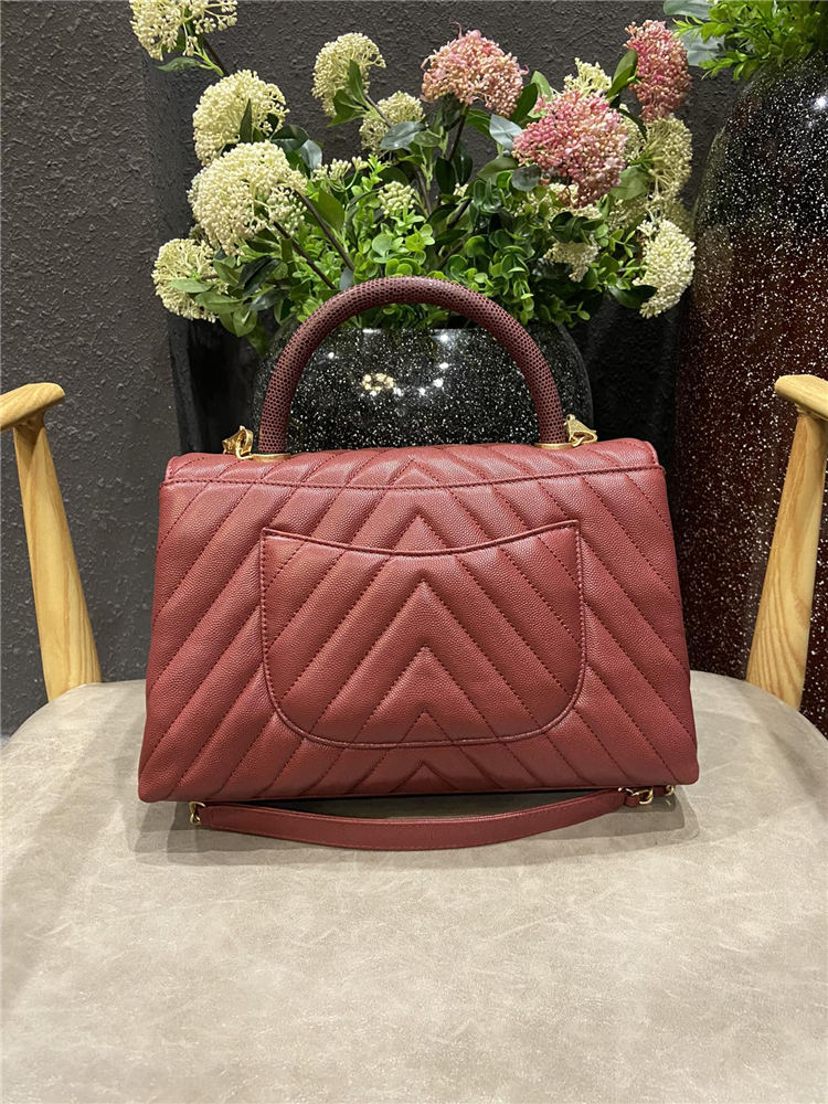 FLAP BAG WITH TOP HANDLE Chevrons Pattern Grained Calfskin Burgundy Gold Metal High