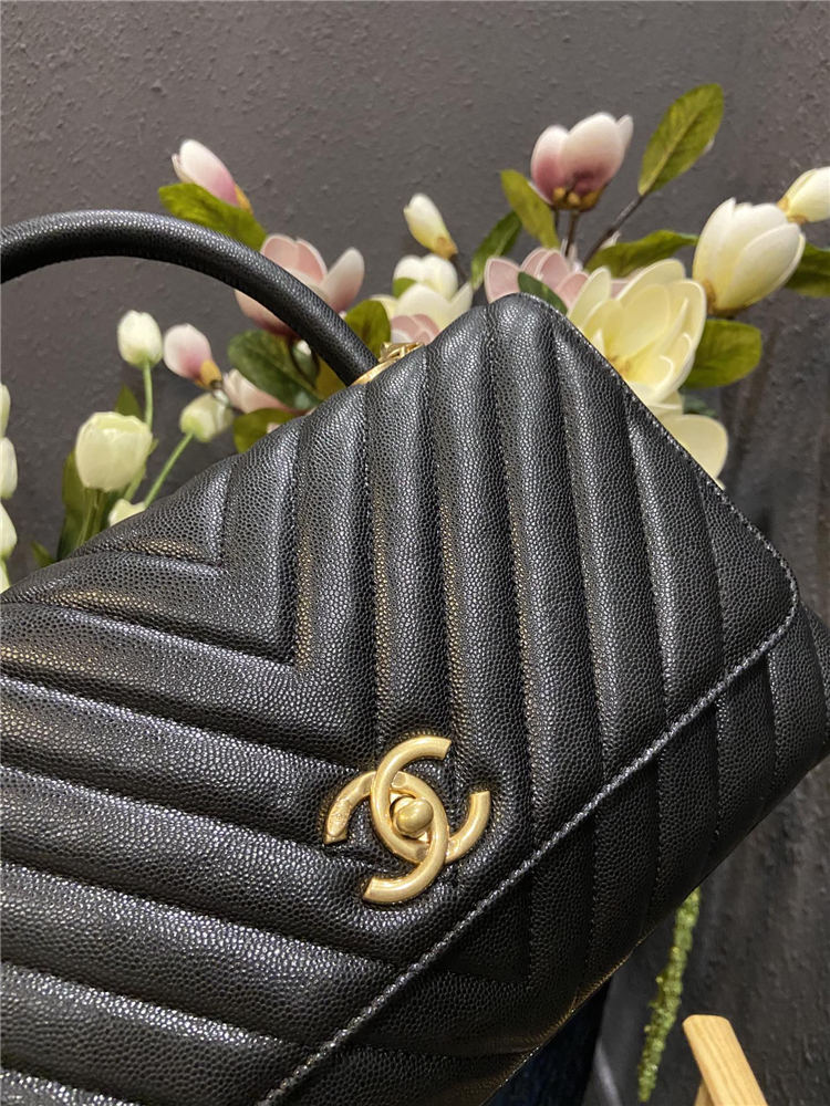 FLAP BAG WITH TOP HANDLE Chevrons Pattern Grained Calfskin Gold Metal Black High