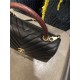 FLAP BAG WITH TOP HANDLE Chevrons Pattern Grained Calfskin Gold Metal Black High