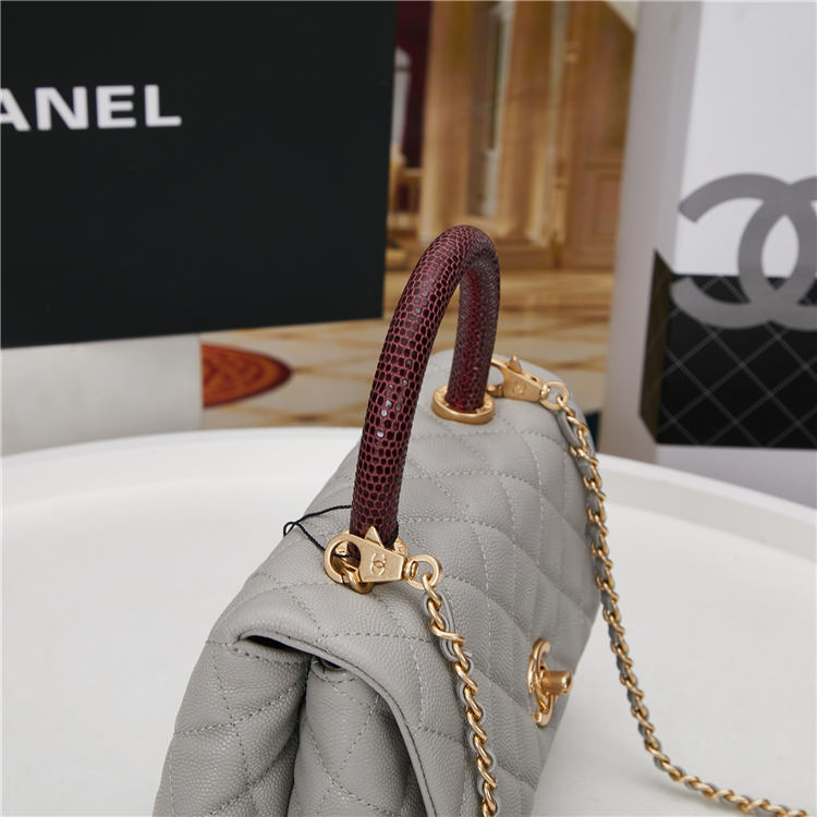 SMALL FLAP BAG WITH TOP HANDLE Grained Calfskin Gold Metal Grey High