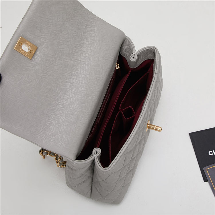 SMALL FLAP BAG WITH TOP HANDLE Grained Calfskin Gold Metal Grey High