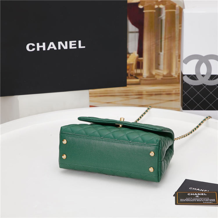 SMALL FLAP BAG WITH TOP HANDLE Grained Calfskin Gold Metal Green High