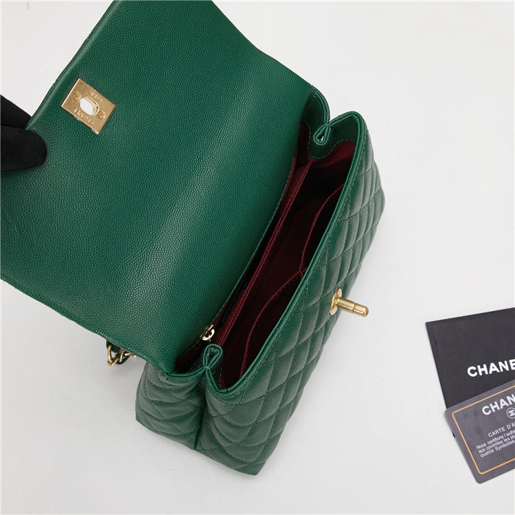 SMALL FLAP BAG WITH TOP HANDLE Grained Calfskin Gold Metal Green High