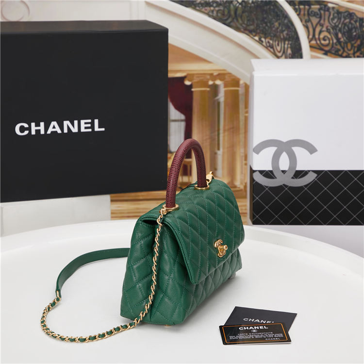 SMALL FLAP BAG WITH TOP HANDLE Grained Calfskin Gold Metal Green High