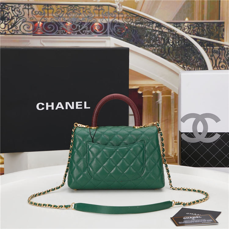 SMALL FLAP BAG WITH TOP HANDLE Grained Calfskin Gold Metal Green High