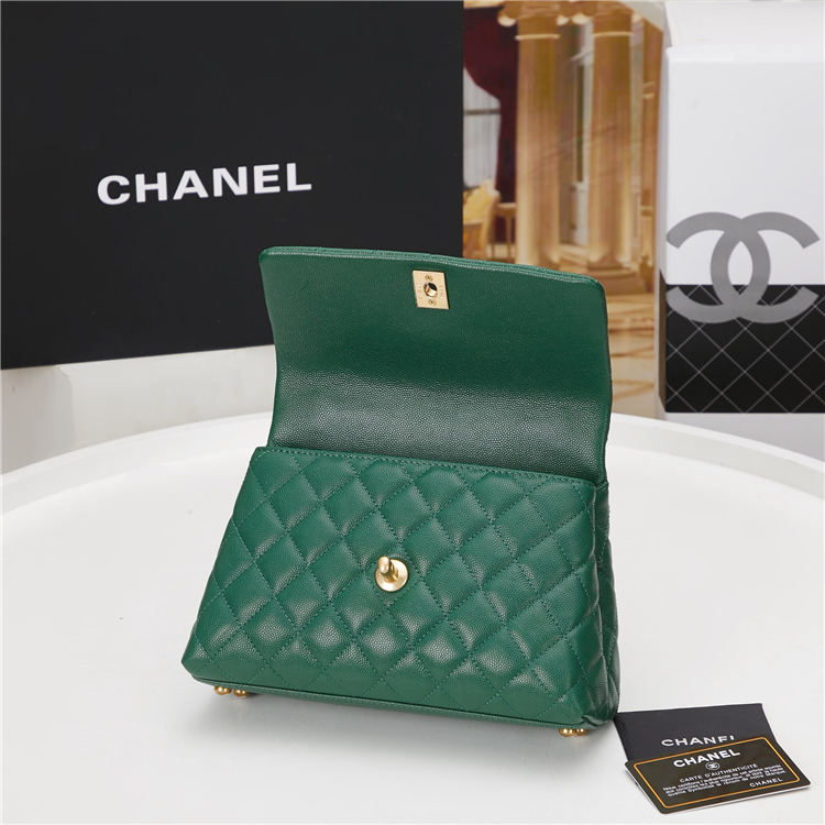 SMALL FLAP BAG WITH TOP HANDLE Grained Calfskin Green Gold Metal High