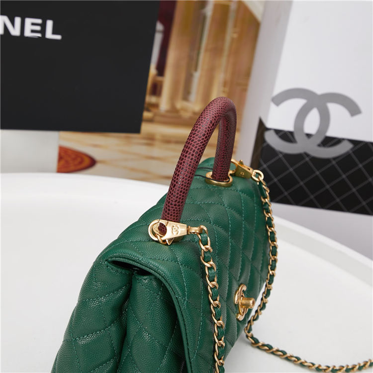 SMALL FLAP BAG WITH TOP HANDLE Grained Calfskin Green Gold Metal High