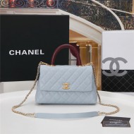 SMALL FLAP BAG WITH TOP HANDLE Grained Calfskin Gold Metal Light Blue High