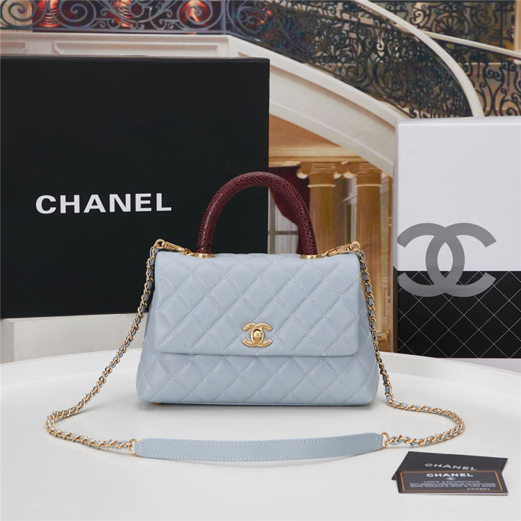 SMALL FLAP BAG WITH TOP HANDLE Grained Calfskin Light Blue Gold Metal High