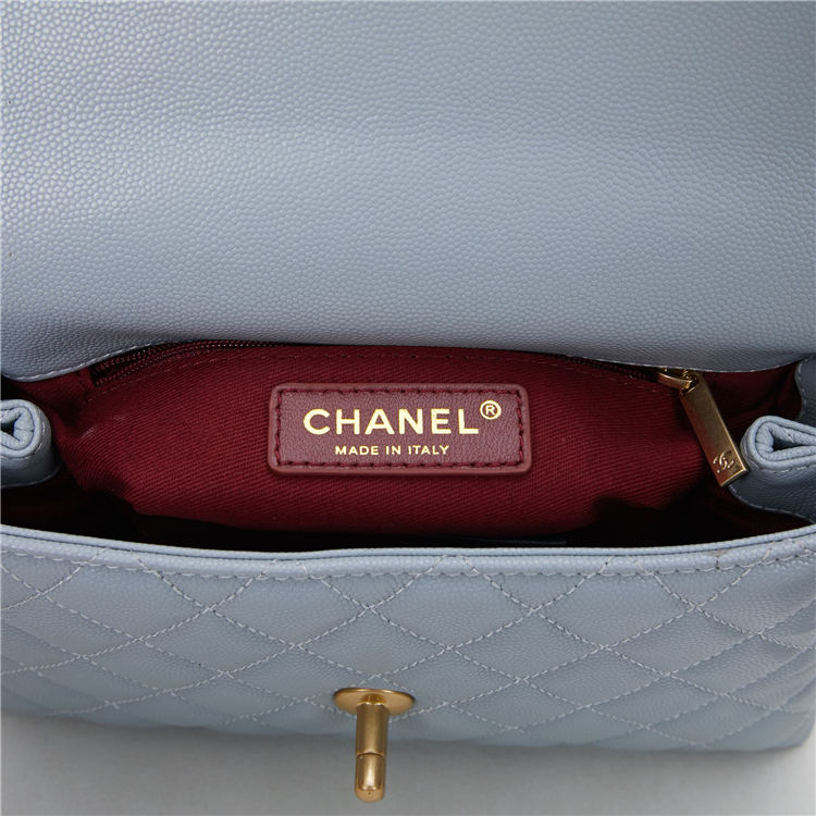 SMALL FLAP BAG WITH TOP HANDLE Grained Calfskin Gold Metal Light Blue High