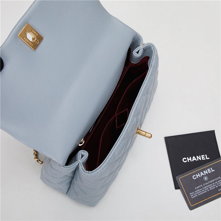 SMALL FLAP BAG WITH TOP HANDLE Grained Calfskin Light Blue Gold Metal High