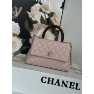 SMALL FLAP BAG WITH TOP HANDLE Grained Calfskin Pink Gold Metal High