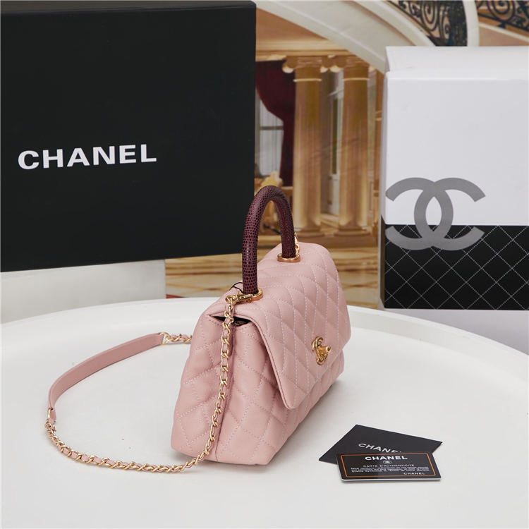 SMALL FLAP BAG WITH TOP HANDLE Grained Calfskin Gold Metal Pink High