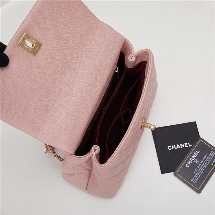 SMALL FLAP BAG WITH TOP HANDLE Grained Calfskin Gold Metal Pink High