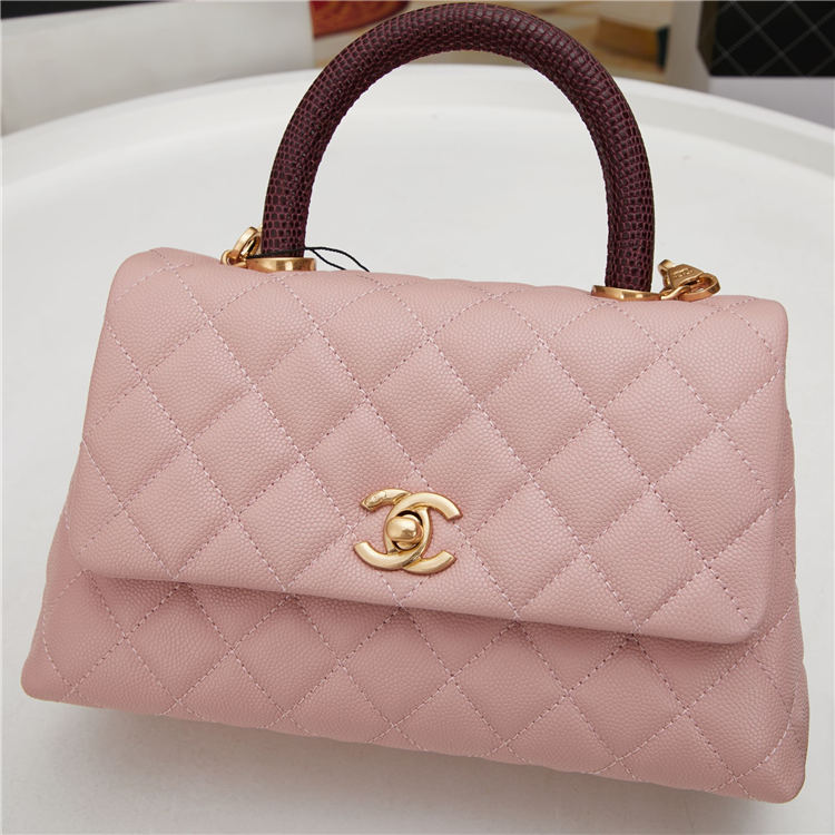 SMALL FLAP BAG WITH TOP HANDLE Grained Calfskin Gold Metal Pink High