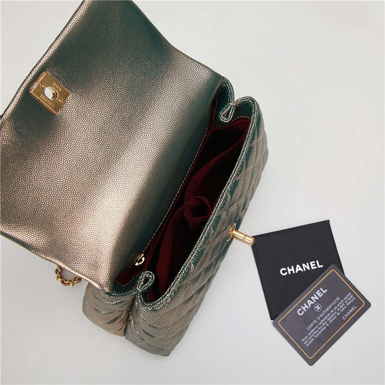 SMALL FLAP BAG WITH TOP HANDLE Grained Calfskin Gold Metal High