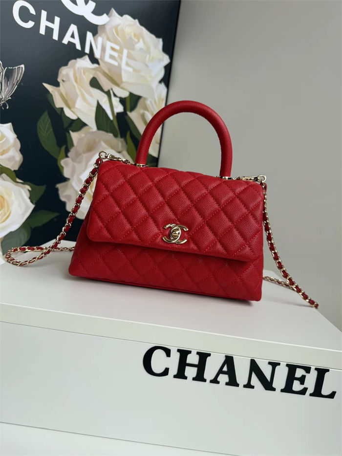 SMALL FLAP BAG WITH TOP HANDLE Grained Calfskin Gold Metal Red High