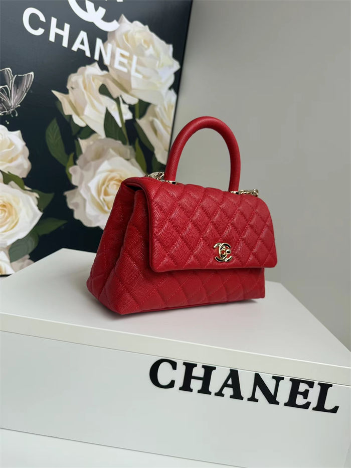 SMALL FLAP BAG WITH TOP HANDLE Grained Calfskin Gold Metal Red High