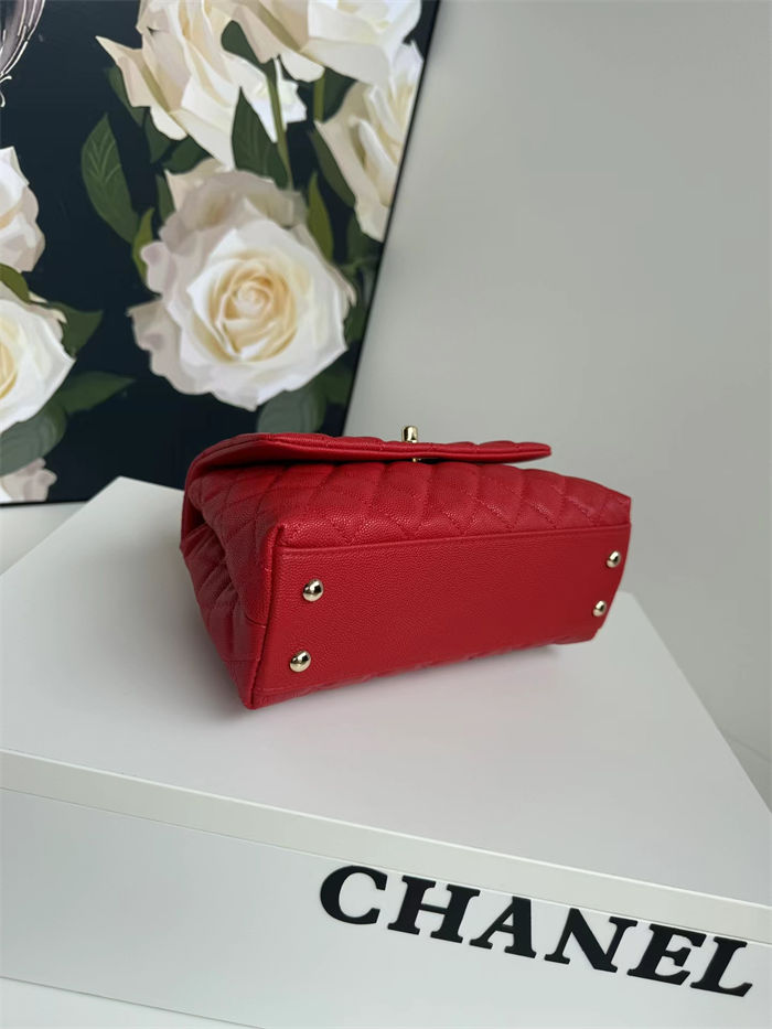 SMALL FLAP BAG WITH TOP HANDLE Grained Calfskin Gold Metal Red High