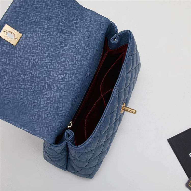 SMALL FLAP BAG WITH TOP HANDLE Grained Calfskin Gold Metal Blue High