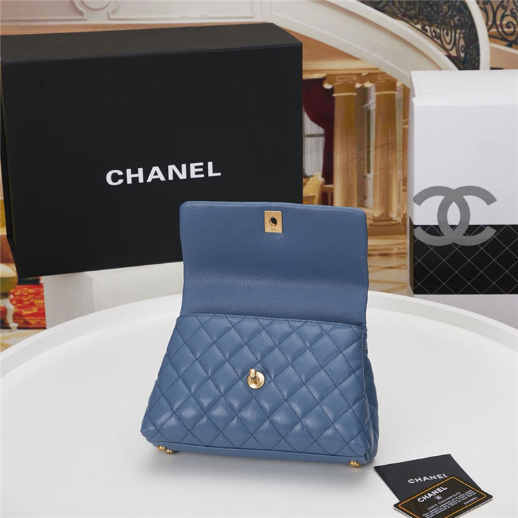 SMALL FLAP BAG WITH TOP HANDLE Grained Calfskin Blue Gold Metal High