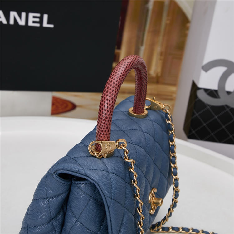 SMALL FLAP BAG WITH TOP HANDLE Grained Calfskin Blue Gold Metal High