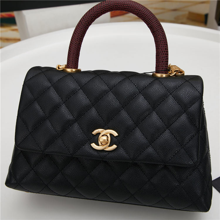 SMALL FLAP BAG WITH TOP HANDLE Grained Calfskin Gold Metal Black High