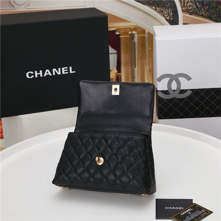 SMALL FLAP BAG WITH TOP HANDLE Grained Calfskin Gold Metal Black High