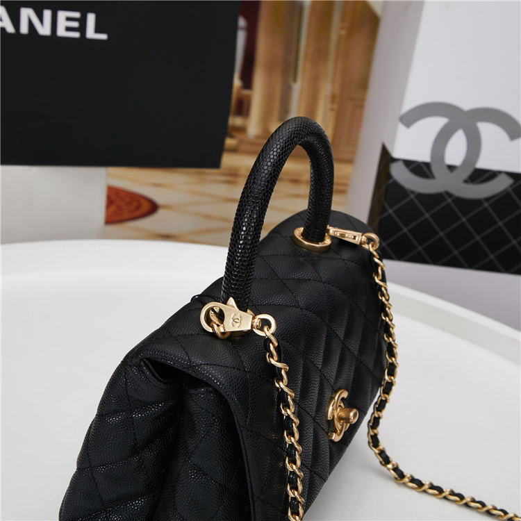 SMALL FLAP BAG WITH TOP HANDLE Grained Calfskin Gold Metal Black High