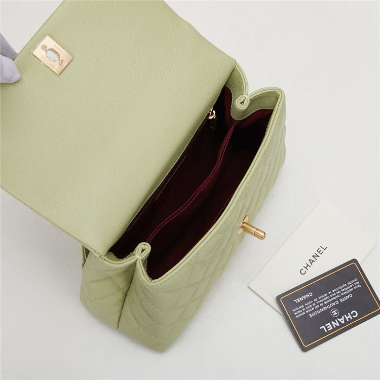 SMALL FLAP BAG WITH TOP HANDLE Grained Calfskin Gold Metal Green High