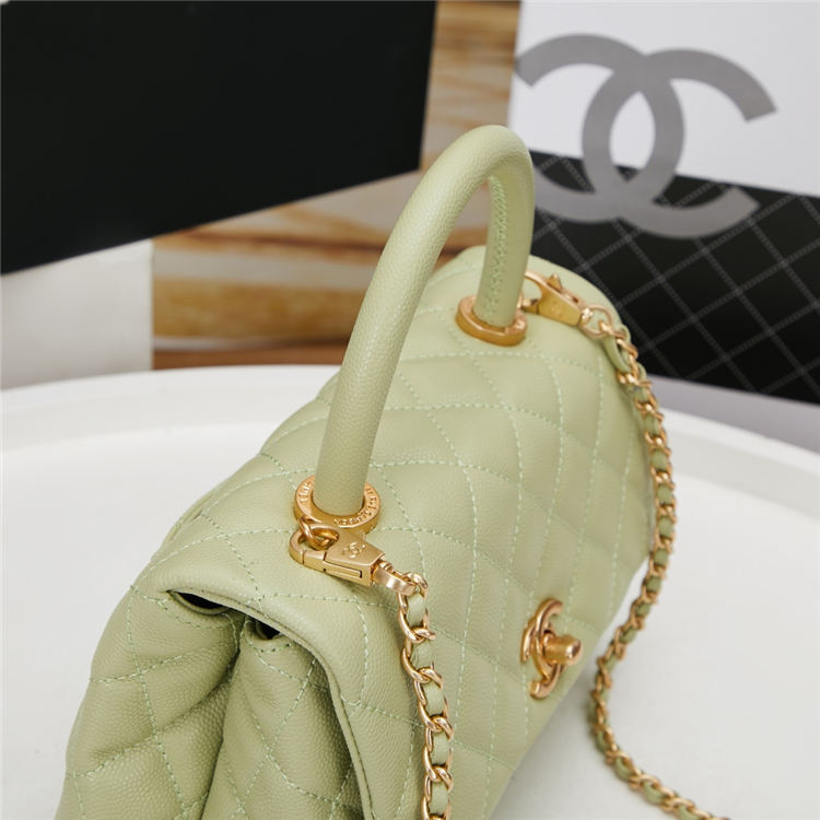 SMALL FLAP BAG WITH TOP HANDLE Grained Calfskin Green Gold Metal High