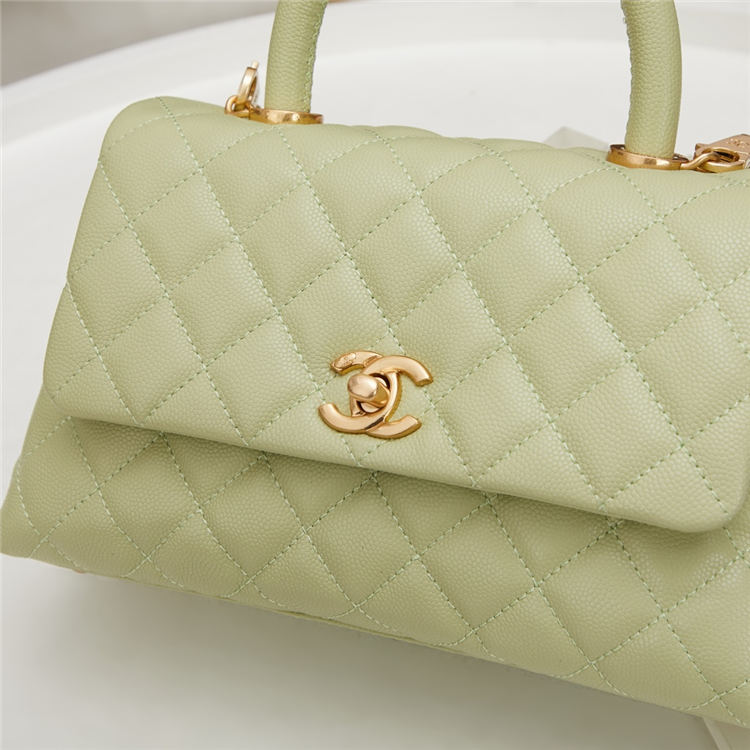 SMALL FLAP BAG WITH TOP HANDLE Grained Calfskin Gold Metal Green High