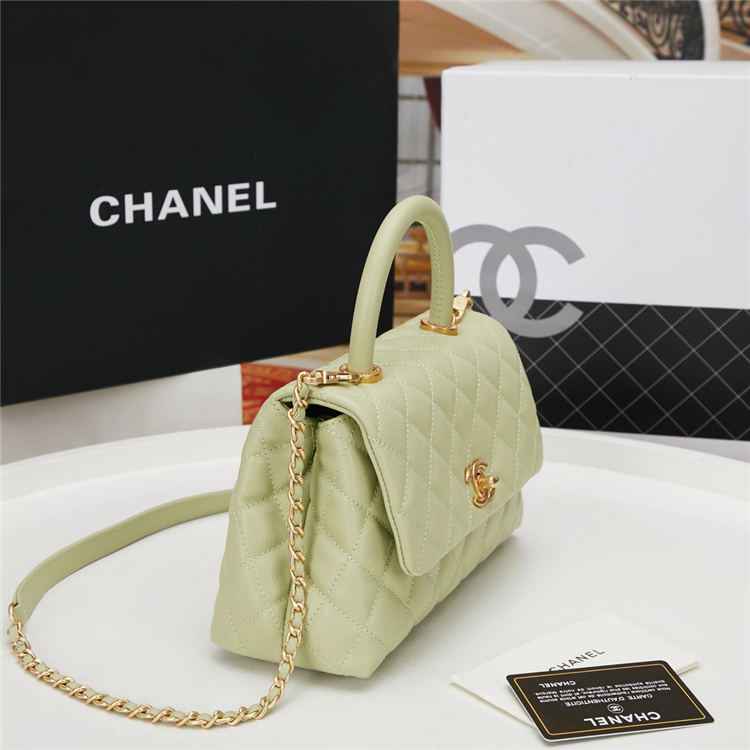 SMALL FLAP BAG WITH TOP HANDLE Grained Calfskin Gold Metal Green High