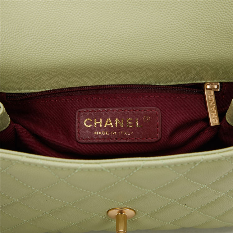 SMALL FLAP BAG WITH TOP HANDLE Grained Calfskin Green Gold Metal High