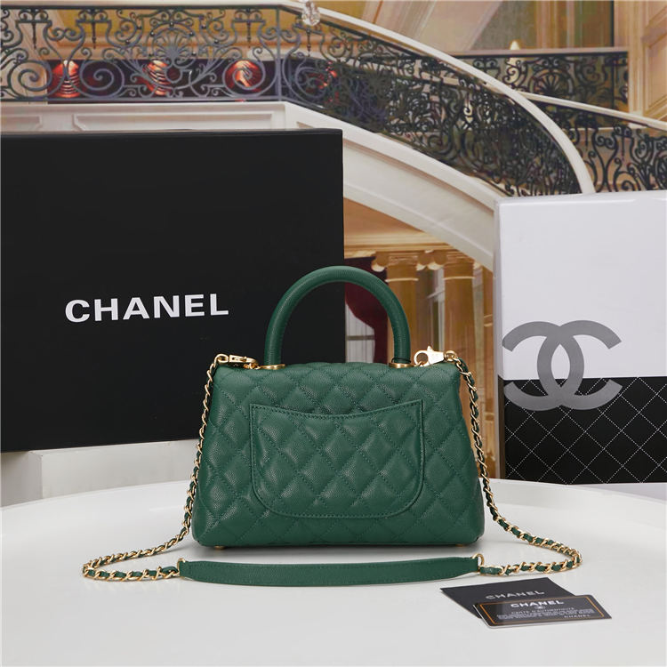 SMALL FLAP BAG WITH TOP HANDLE Grained Calfskin Gold Metal Green High