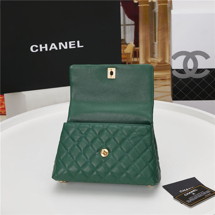 SMALL FLAP BAG WITH TOP HANDLE Grained Calfskin Green Gold Metal High