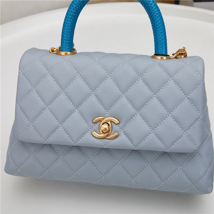 SMALL FLAP BAG WITH TOP HANDLE Grained Calfskin Light Blue Gold Metal High