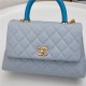 SMALL FLAP BAG WITH TOP HANDLE Grained Calfskin Light Blue Gold Metal High