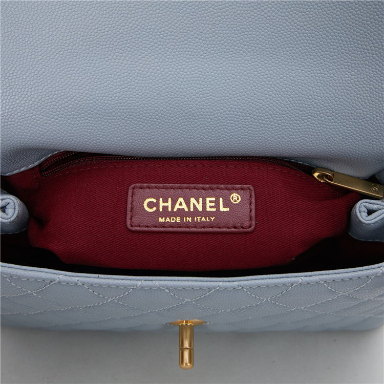 SMALL FLAP BAG WITH TOP HANDLE Grained Calfskin Gold Metal Light Blue High