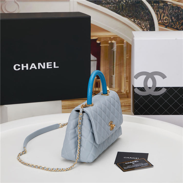 SMALL FLAP BAG WITH TOP HANDLE Grained Calfskin Gold Metal Light Blue High