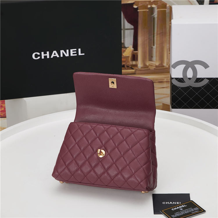 SMALL FLAP BAG WITH TOP HANDLE Grained Calfskin Gold Metal Burgundy High