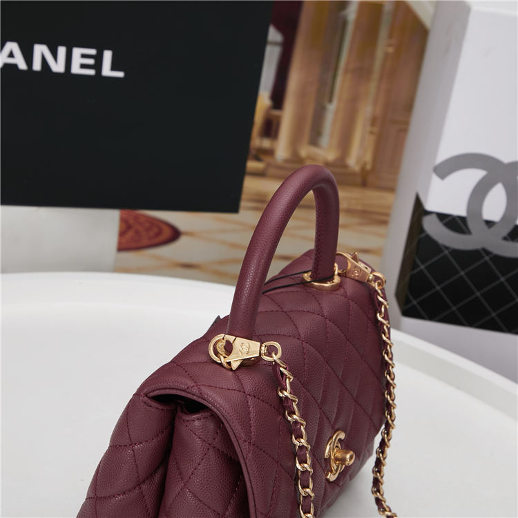 SMALL FLAP BAG WITH TOP HANDLE Grained Calfskin Gold Metal Burgundy High