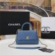 SMALL FLAP BAG WITH TOP HANDLE Grained Calfskin Gold Metal Blue High