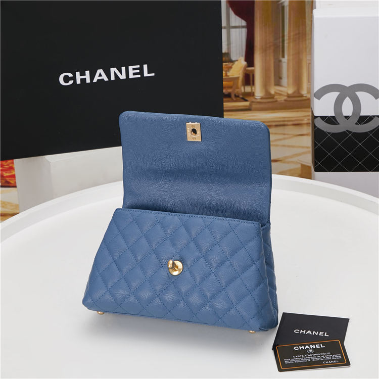 SMALL FLAP BAG WITH TOP HANDLE Grained Calfskin Blue Gold Metal High