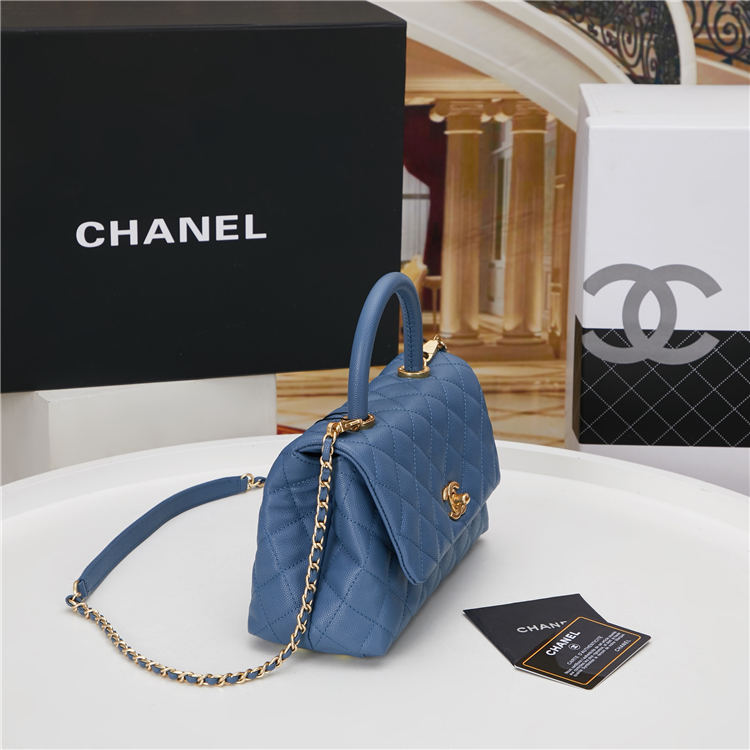 SMALL FLAP BAG WITH TOP HANDLE Grained Calfskin Gold Metal Blue High