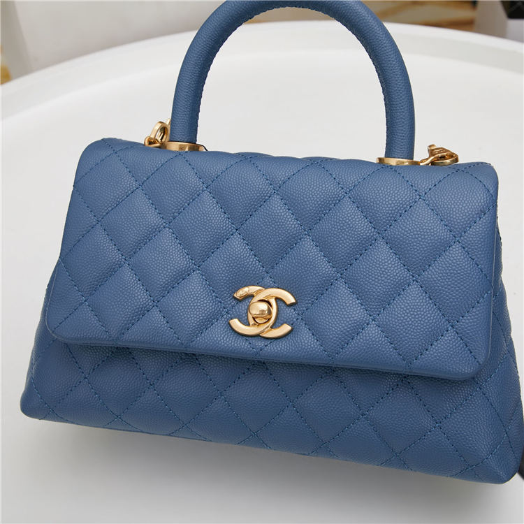 SMALL FLAP BAG WITH TOP HANDLE Grained Calfskin Gold Metal Blue High