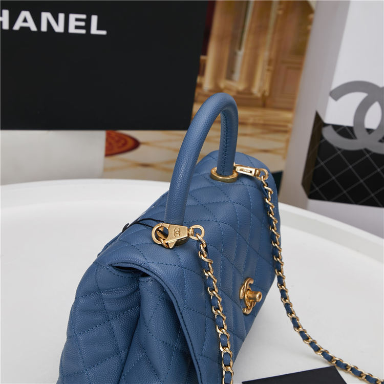 SMALL FLAP BAG WITH TOP HANDLE Grained Calfskin Blue Gold Metal High